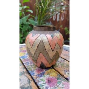 Vintage Enameled Brass Vase - Mid-Century Modern Geometric Zig-Zag Decor - Hand-